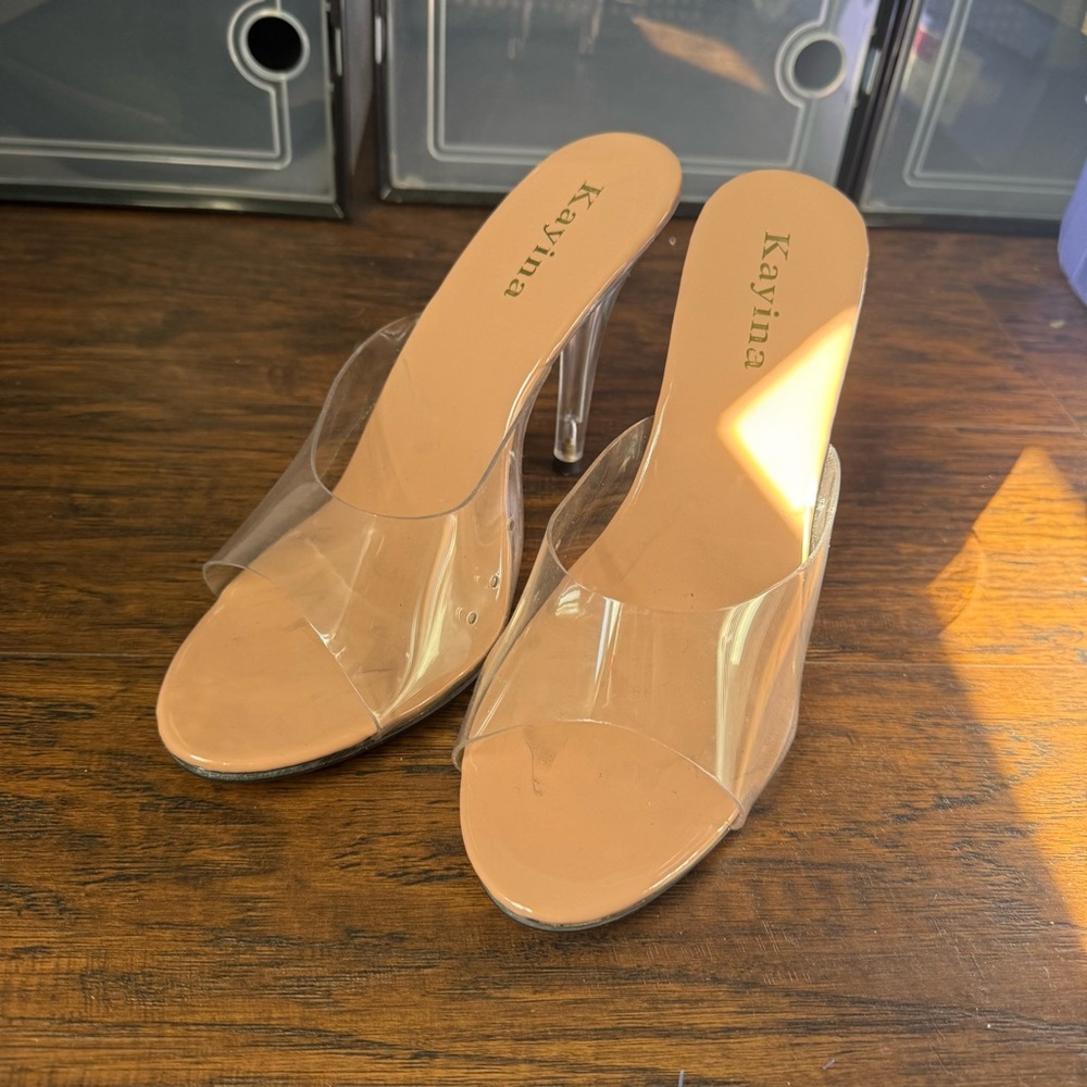 Clear/ Tan mule heels